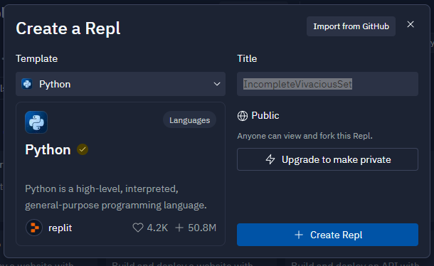 Replit "create a repl" page  screenshot