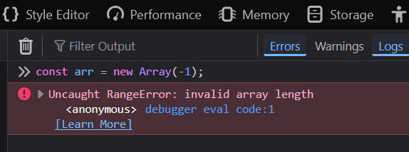 Firefox browser console with RangeError