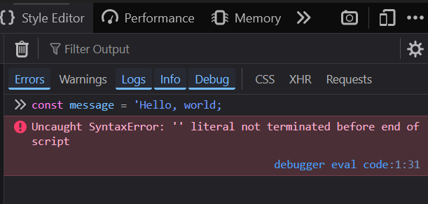 SyntaxError (syntax error) - screenshot from Firefox browser