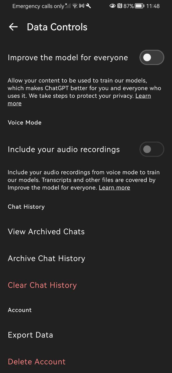 ChatGPT data control settings page